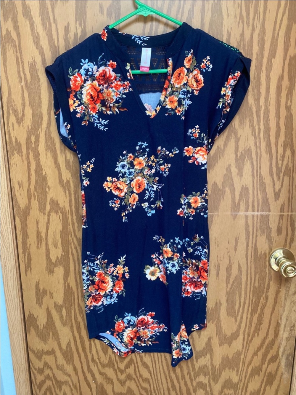 No Boundaries Navy Floral V-Neck Dress with Orange Blooms